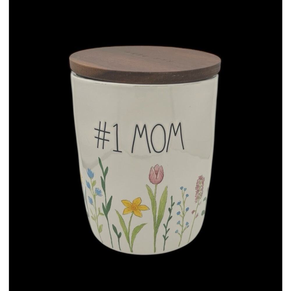 Rae Dunn # 1 Mom Short Canister Wood Lid Watercolor Flowers Mother’s Day 5.5 In
